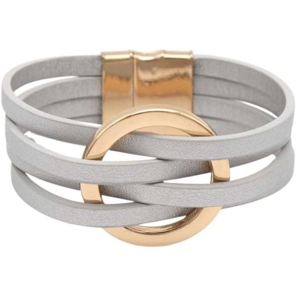 Gray Charm Leather Wrap Strand Boho Bracelet Handmade Cuff Bracelets for Women